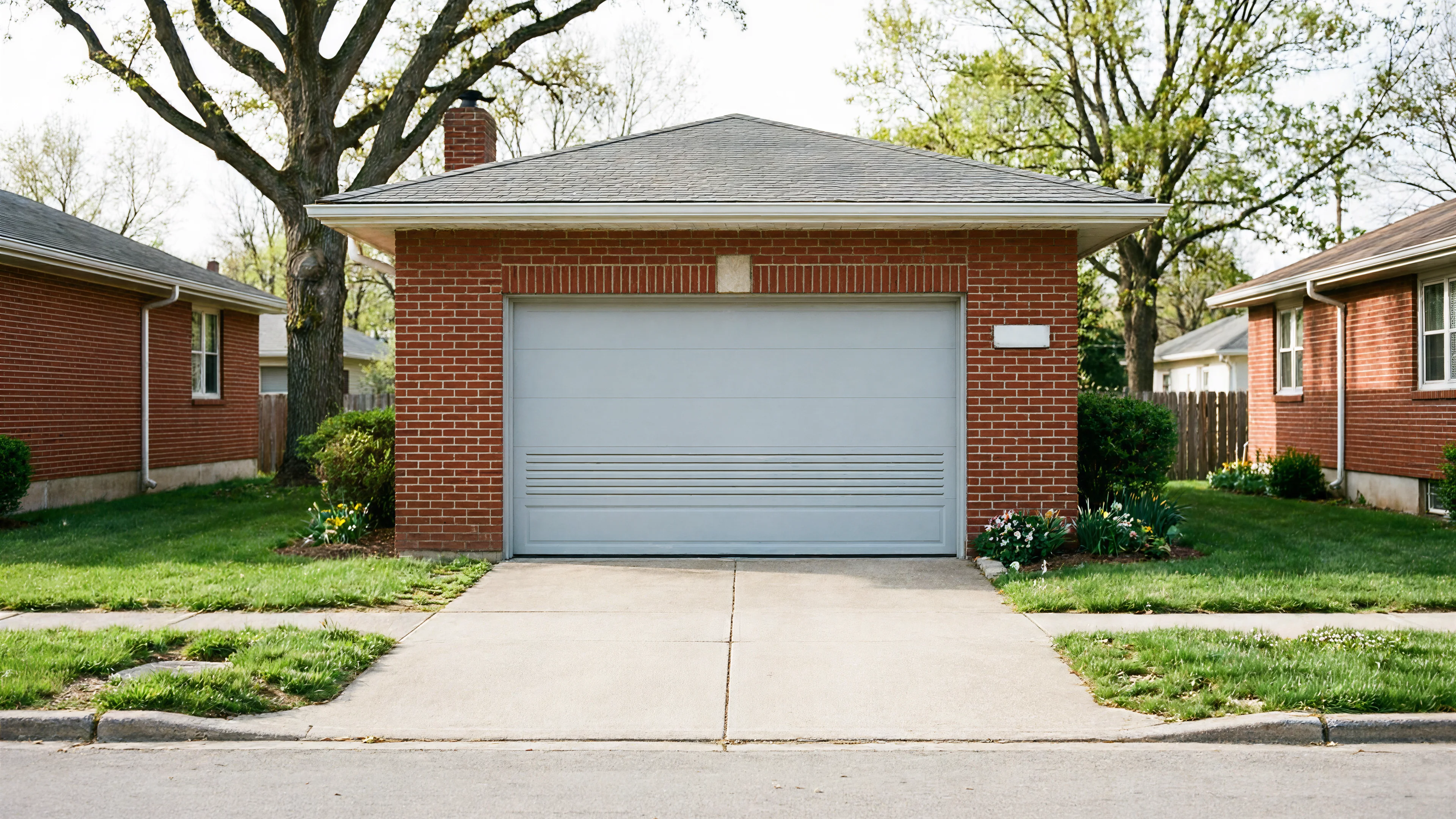 A light gray garage door is centered on a red brick garage with a gray roof.